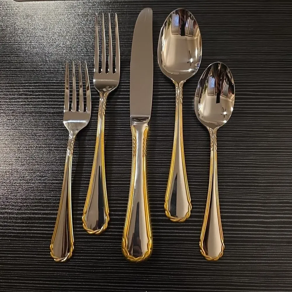 Vintage Tasha Yamazaki Gold Accent Stainless Flatware 5 PC Place Setting discont